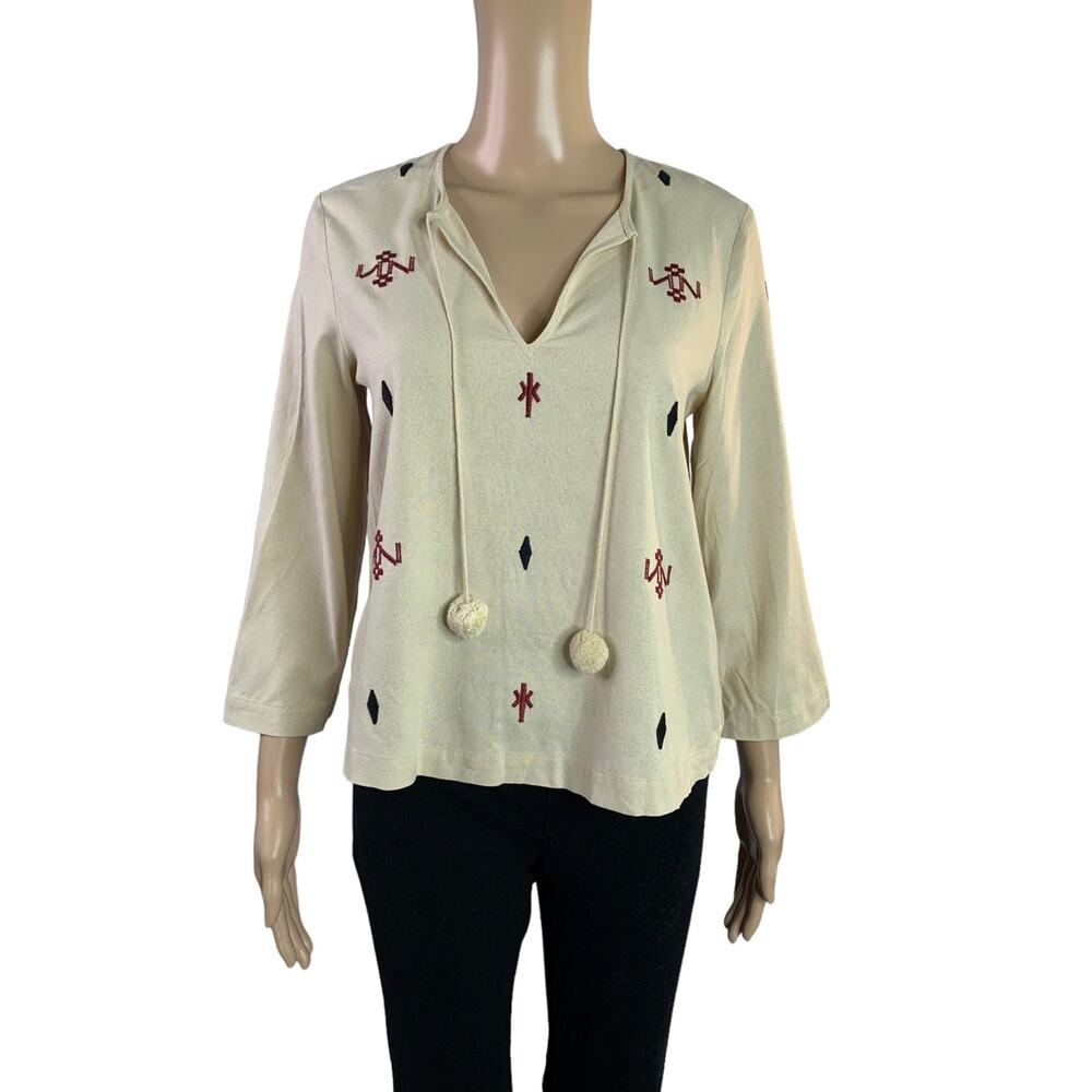 Madewell Women's Size XXS Blouse Ivory 100% Silk Embroidered Details Pom Pom Tie